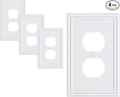 4-Pack Duplex Outlet Cover, Durable Solid Zinc Alloy Decorative Switch Plates and Outlet Covers, Pure White Wall Plates for Electrical Outlets, 1 Gang Receptacle Cover, Corrosion Resistant