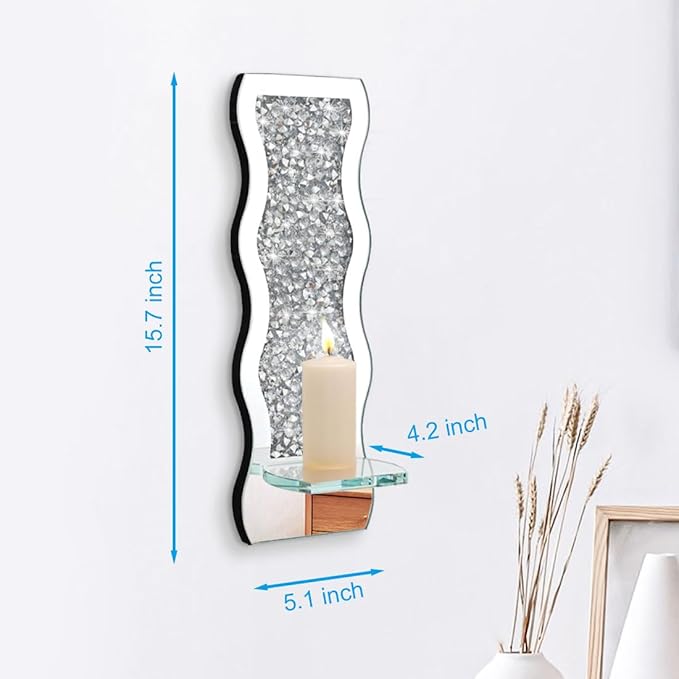 Pibeyer Mirrored Candle Sconces with Acrylic Diamond, Crushed Diamond Wall Candle Holders, Home Décor