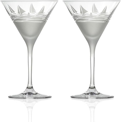 Rolf Glass Regatta 10oz Martini Cocktail Glass | Set of 2 Lead-Free Glasses | Proudly Made in the USA | Engraved Martini Glasses | Nautical Sailboat Design