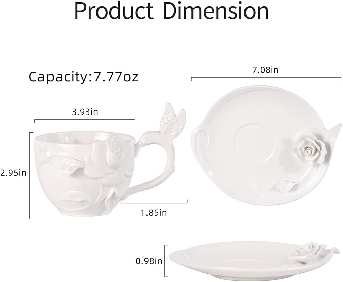 KAMMAK Tea Cups and Saucers Set of 2, 8.5 oz Porcelain Coffee Cups, 566N | - Image 5