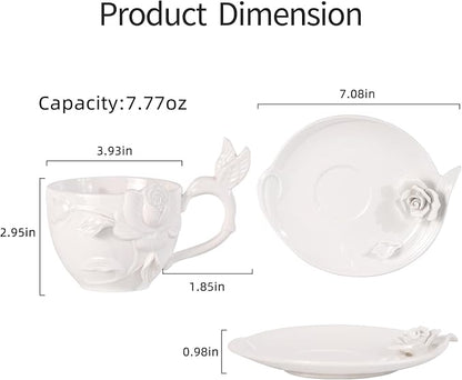 KAMMAK Tea Cups and Saucers Set of 2, 8.5 oz Porcelain Coffee Cups, 566N | - Image 5