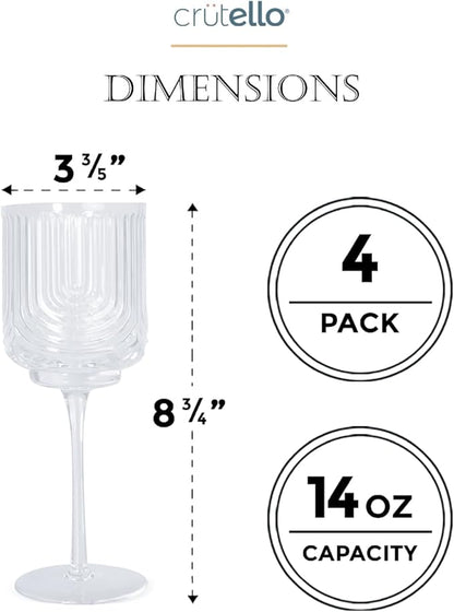 Crutello Vintage Wine Glasses Set of 4-14 oz Glass Sets - Fancy Unique Art Deco Glassware - Long Stemmed Fun Drinking Glasses for Red and White Wine, Cute Cocktail, or Fun Mocktails