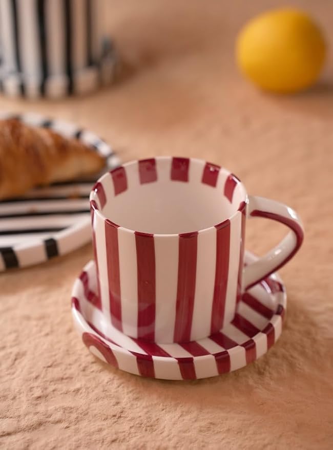 Cup and Saucer Set Hand-Painted Red Stripes, 8 Oz Ceramic Coffee Mug, Espresso - Image 7