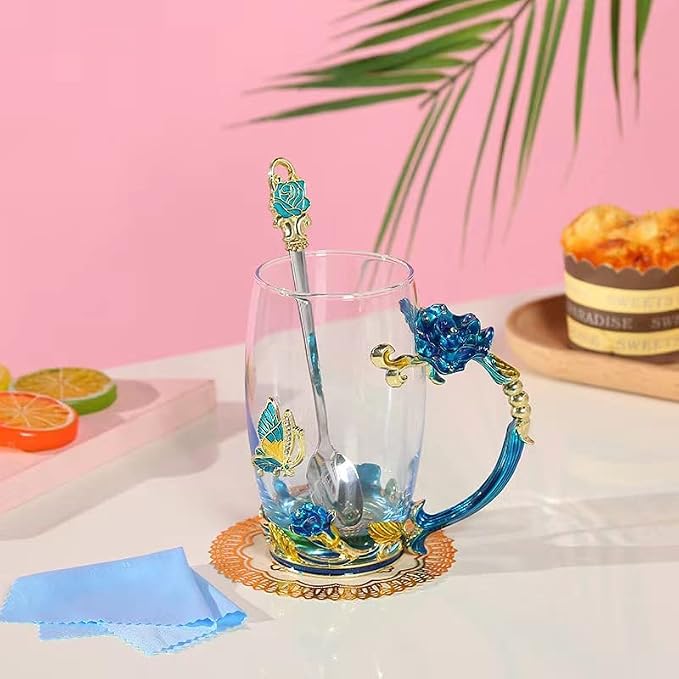 Birthday Gifts For Women, Butterfly Flower Glass Tea Cup Sky Blue Rose Coffee - Image 2