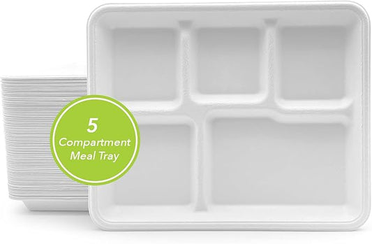 three leaf 5 COMPARTMENT BAGASSE (SCHOOL) TRAY 150 Ct. Heavy-Duty- Super Strong- Natural- Eco-Friendly Disposable Bagasse Plates, 100% Biodegradable 5 Compartment meal Plates
