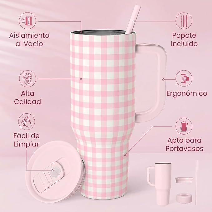 SANDJEST Pink Gingham 40oz Slider Tumbler - Image 2