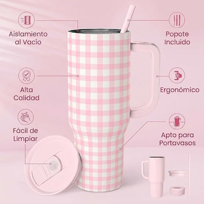SANDJEST Pink Gingham 40oz Slider Tumbler - Image 2
