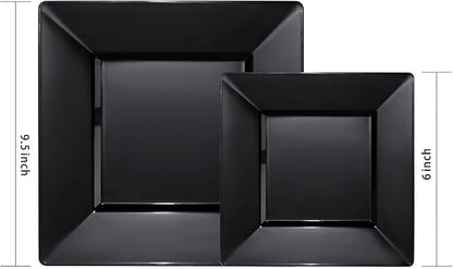 Liacere 60PCS Black Plastic Plates - Premium Square Disposable Plates - Include 30PCS 9.5inch Dinner Plates - 30PCS 7inch Dessert Plates for Party & New Year & Father's Day