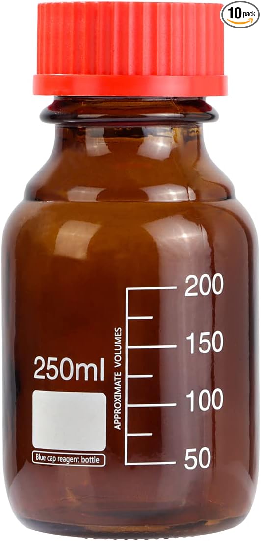 10 Pieces Amber Glass 250 mL Graduated Round Lab Reagent Media/Storage Bottle With GL45 Red Screw Cap