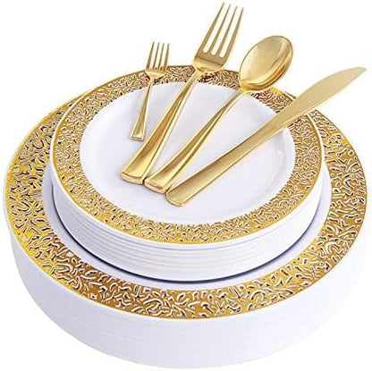 WDF 150PCS Gold Plastic Plates Set - Valentines Plates 25Guests Gold Disposable Dinnerware Sets for Valentine's Day