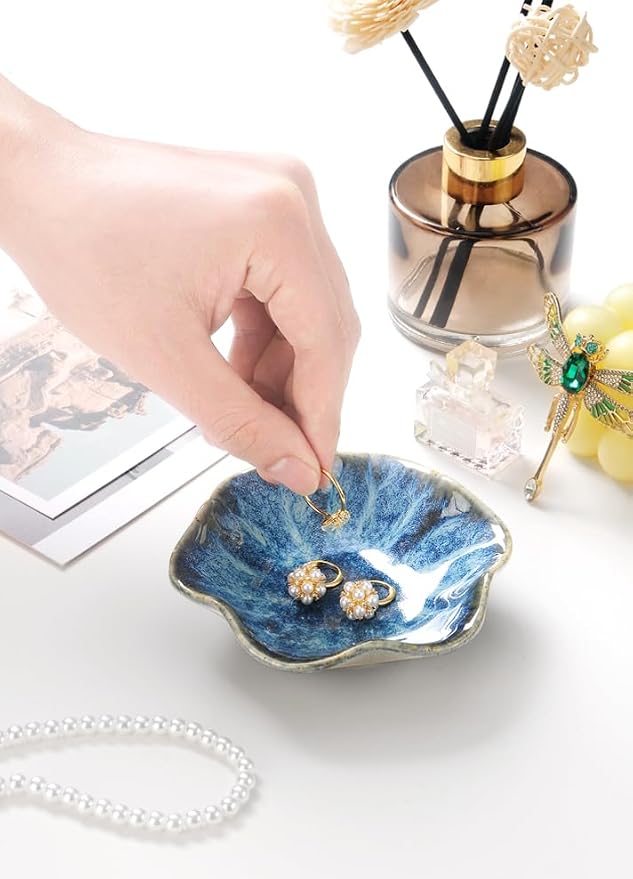 2PCS Lotus Leaf Shape Ring Holder Dish, Small Key Bowl, Ceramic Trinket Tray - Image 2