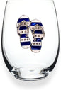 THE QUEENS' JEWELS Blue and White Flip Flop Jeweled Stemless Wine Glass, 21 oz. - Unique Gift for Women, Birthday, Cute, Fun, Not Painted, Decorated, Bling, Bedazzled, Rhinestone