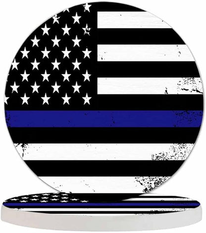 American Flag Coaster Thin Blue Line Support Nation Patriotic Symbol Tabletop Protection for Any Table Type Wood, Granite, Glass, Soapstone, Sandstone, Marble, Stone Tables