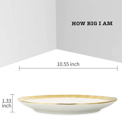 vicrays Ceramic Dinner Plates Set, 10 Inch, Set of 6, Round, Dishwasher Safe, NOT Microwave Safe, Suitable for Steak, Pasta, Home, Party, Restaurant（White with Golden）