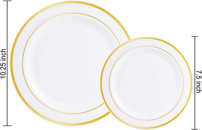 I00000 60 Pieces Gold Plastic Plates, Heavy Duty White and Gold Plastic Plates for 30 Guests Include: 30 Gold Rim Dinner Plates and 30 Gold Dessert Plates Perfect for Wedding & Party