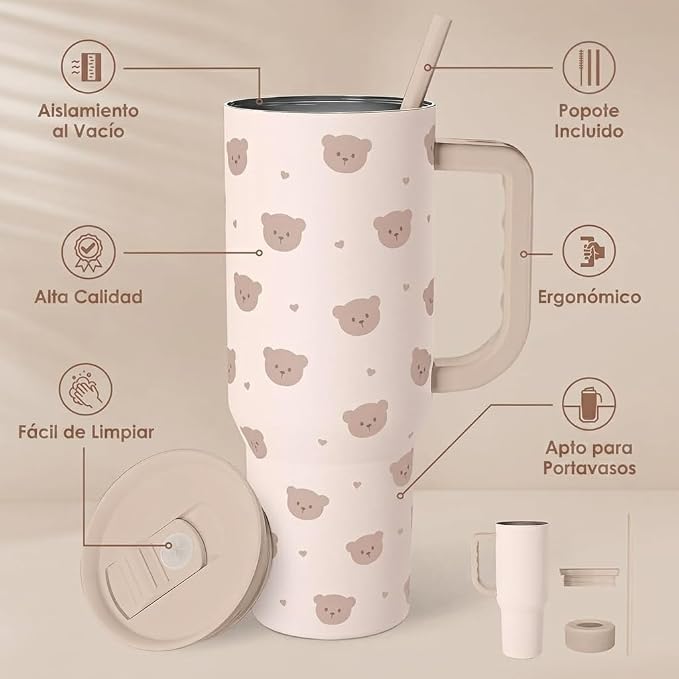 SANDJEST Bear Tumbler with Handle, Insulated Cup Stainless Steel Travel Mug Cup - Image 2