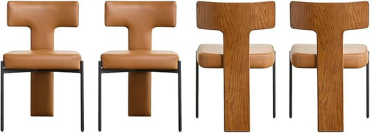 Brown Dining Chairs Set of 4,Faux Leather Dining Chairs with Soft Cushion,Comfortable Upholstered Armless Dining Room Chairs with Curved Plywood Back