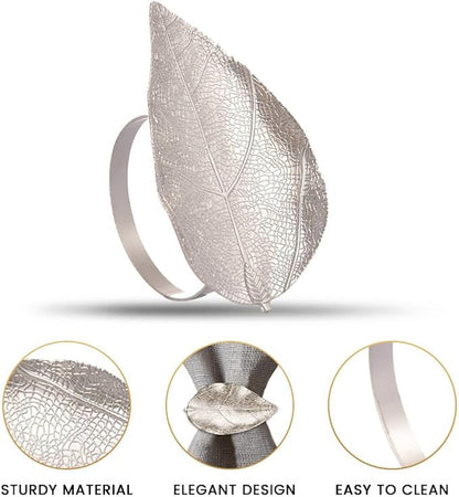 Decozen Set of 8 Silver Napkin Rings in Leaf Design, Festive, Table Decor Setting for Holiday, Wedding, Birthday, Kitchen, Home Decor, Housewarming Gift - Mothers Day Decorations