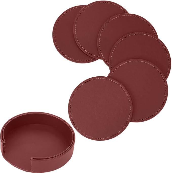6PCS PU Leather Drink Coasters Red Round Table Coasters by QUALITYCALFOVERA