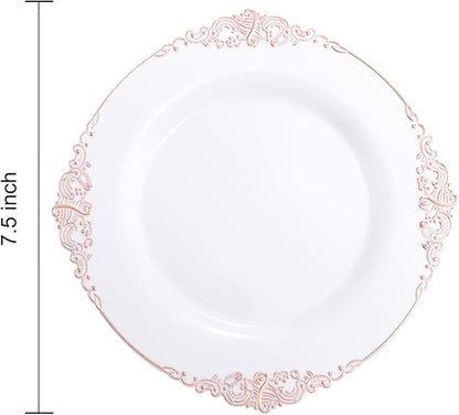 Morejoy 100pcs Plastic Plates - Disposable - 7.5 inch White and Rose Gold Dessert Plates for Weddings & Parties & Shower