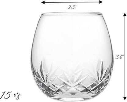SHOSHIN Hand-Cut Stemless Wine Glasses – Hand Made Lead-Free Crystal Glass (15 Oz, Set of 4) – Ideal Gift