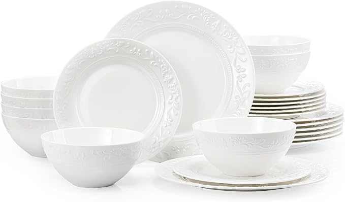 24Pcs Vintage Relief White Bone China Set, Service by KINGSTONE