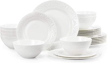 24Pcs Vintage Relief White Bone China Set, Service by KINGSTONE