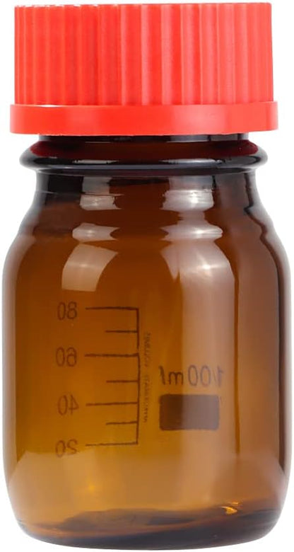 20 Pieces Amber Glass 100 mL Graduated Round Lab Reagent Media/Storage Bottle With GL45 Red Screw Cap