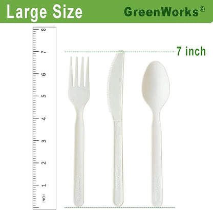 GreenWorks 150 Count 7" Heavy-duty Compostable Utensils,50 Forks 50 Spoons 50 Knives Cutlery Set,BPI Certified Large Disposable Flatware Set
