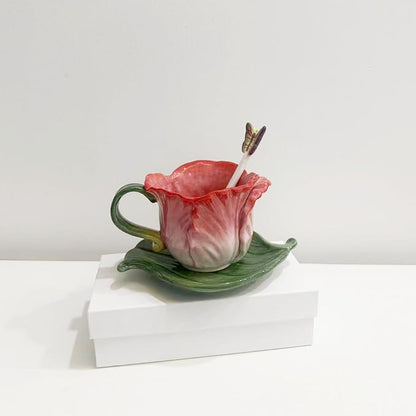 Ceramic Tea Cup and Saucer Set ，8OZ 3D Hand-Painted Flower Coffee Mug，Gift - Image 5