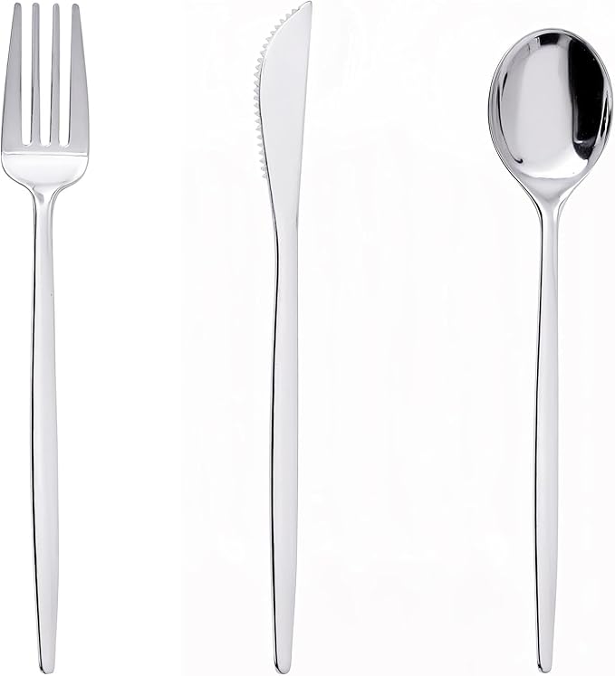 PULOTE 150PCS Silver Plastic Silverware Disposable - Heavy Duty Silver Plastic Cutlery Set - Plastic Utensils Set Include 50 Knives,50 Forks and 50 Spoons for Wedding,Party&Christmas