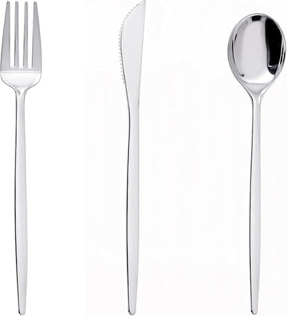 PULOTE 150PCS Silver Plastic Silverware Disposable - Heavy Duty Silver Plastic Cutlery Set - Plastic Utensils Set Include 50 Knives,50 Forks and 50 Spoons for Wedding,Party&Christmas