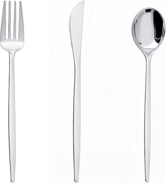PULOTE 150PCS Silver Plastic Silverware Disposable - Heavy Duty Silver Plastic Cutlery Set - Plastic Utensils Set Include 50 Knives,50 Forks and 50 Spoons for Wedding,Party&Christmas