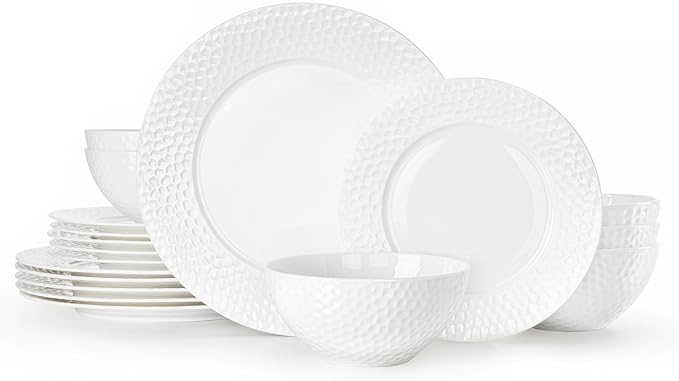 18Pcs Hammered Rim White Bone China Set, Service by KINGSTONE
