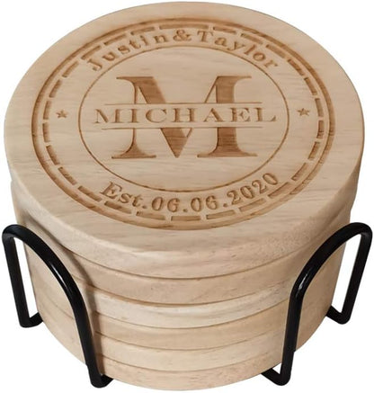 Personalized Monogram Coasters, Custom Engraved - Wooden Drink Coasters, Set of 6 - Great Gifts