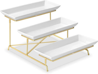 Yedio 3 Tier Serving Tray Set 14 Inch Porcelain Tiered Serving Platters, Collapsible Sturdier Stand with Stable Cross Bars, Three Layer Serving for Party Entertaining Food Display Fruit Dessert