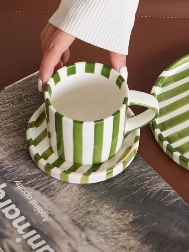 Cup and Saucer Set Hand-Painted Green Stripes, 8 Oz Ceramic Coffee Mug - Image 3