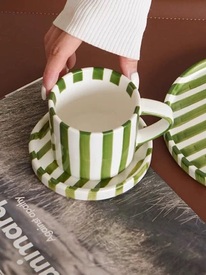 Cup and Saucer Set Hand-Painted Green Stripes, 8 Oz Ceramic Coffee Mug - Image 3
