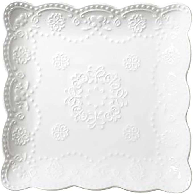 YBKTEX Ceramic Plate, Square Embossed Lace Plate by YBK+Tech