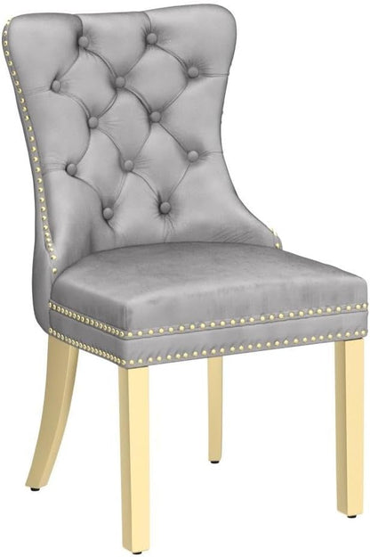 KCC Velvet Dining Chairs Set of 2, Upholstered High-end Tufted Dining Chair with Nailhead Back Ring Pull Trim Stainless Steel Legs, Contemporary Nikki Collection Modern Style for Kitchen, Light Gray