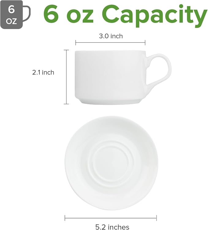 Fine Bone China Stackable Cup and Saucer Set of 6, Pure White Color Glaze Easy - Image 3