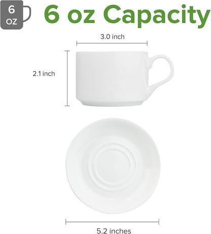 Fine Bone China Stackable Cup and Saucer Set of 6, Pure White Color Glaze Easy - Image 3