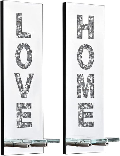 Pibeyer Crystal Crush Diamond Wall Candle Holder Set of 2, Silver Mirrored Candle Sconces Wall Decor, Love & Home Letter Home Decoration for Living Room，Dining Room and Bedroom