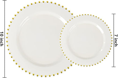EI 60pcs Beige Plastic Plates with Gold Rim,Ivory Disposable Plates,Heavy Duty Fancy Plastic Plate,10.25" Dinner & 7.5" Dessert Plate Elegant for Party,Wedding,Birthday,Spring,Afternoon tea