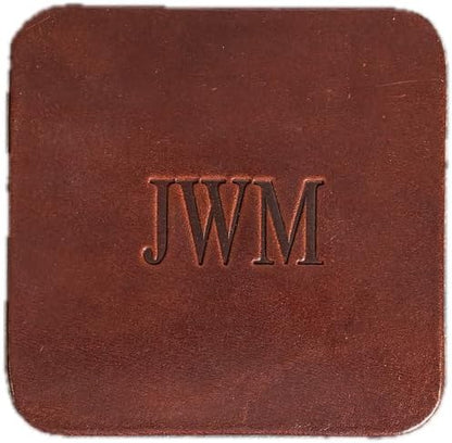 Ox & Pine Personalized Leather Coaster - Sold Individually or in Sets of 4 - Customize Inscription - 100% Full-Grain Leather – 4" Round or 4" Square (Square, Sienna, 1 Individual Coaster)
