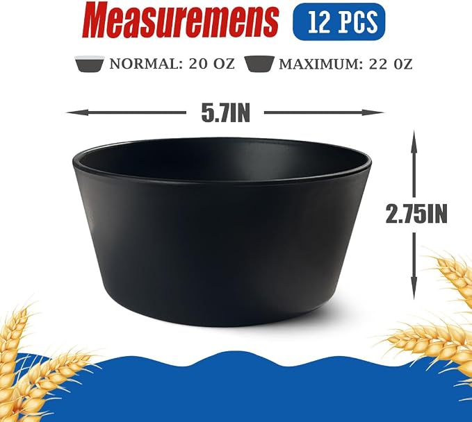 Teivio 12-Piece Wheat Straw Bowls Sets, Plastic Kitchen 22oz Cereal Bowls Set - Image 2