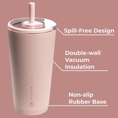 HydroJug Everyday Tumbler 20 oz – Ceramic-Lined Insulated Tumbler with Straw and Soft-Touch Lid, Cup Holder Friendly, Double-Wall Vacuum Insulation, Reusable Travel Cup – Dusty Rose