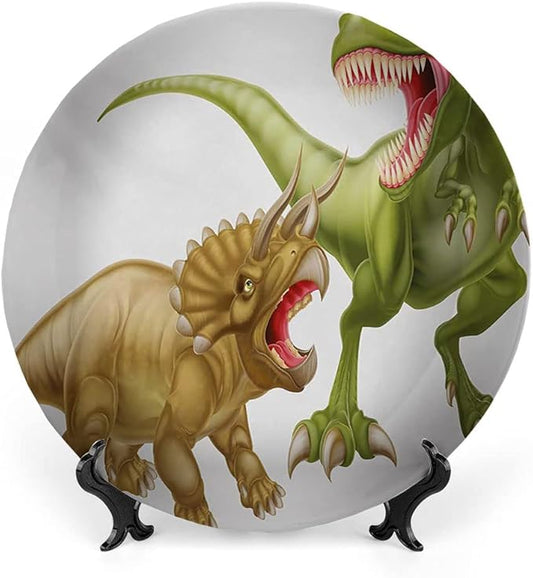 Decorative Plates, Dinosaur Print Ornament, Rex Versus Triceratops Scaring Each Other, 7 Inch, 1 Plate with 1 Display Stand, Green Pink Pale Brown