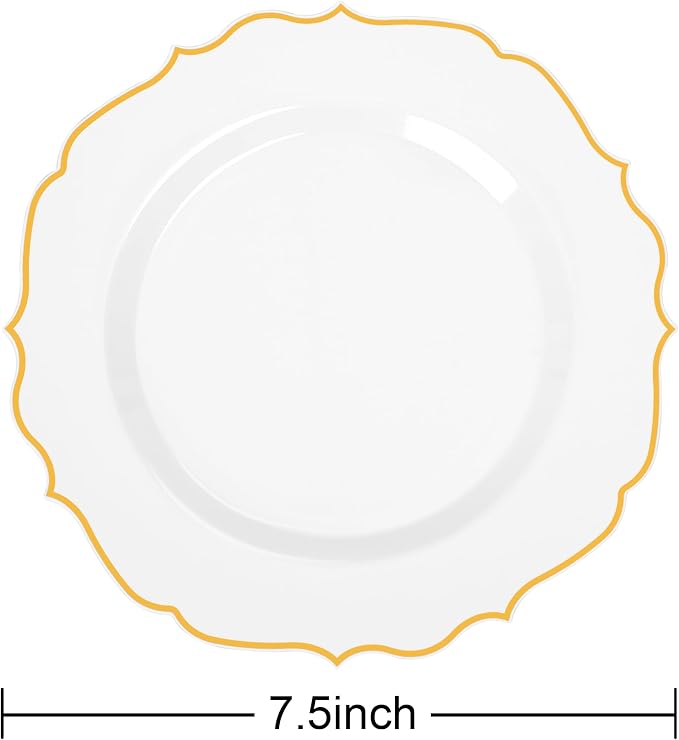 100 Pcs White & Gold Dessert Plastic Plates 7.5" Cake Disposable Plates | White - Image 2