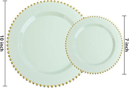 EI 60pcs Green Plastic Plates with Gold Rim,Disposable Heavy Duty Sage Green and Gold 10.25" Dinner & 7.5" Dessert Plastic Plate for Birthday,Afternoon Tea,Wedding,Spring,Valentine's Day,Easter